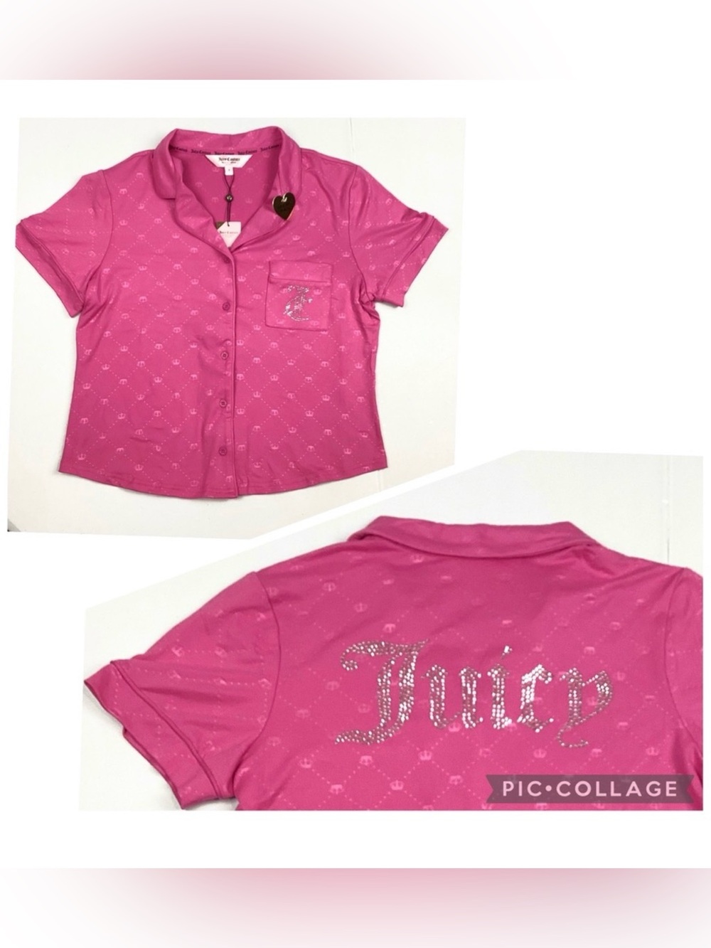 Juicy Couture Button Down Short Sleeve Embellished PJ Pajama Sleep Top